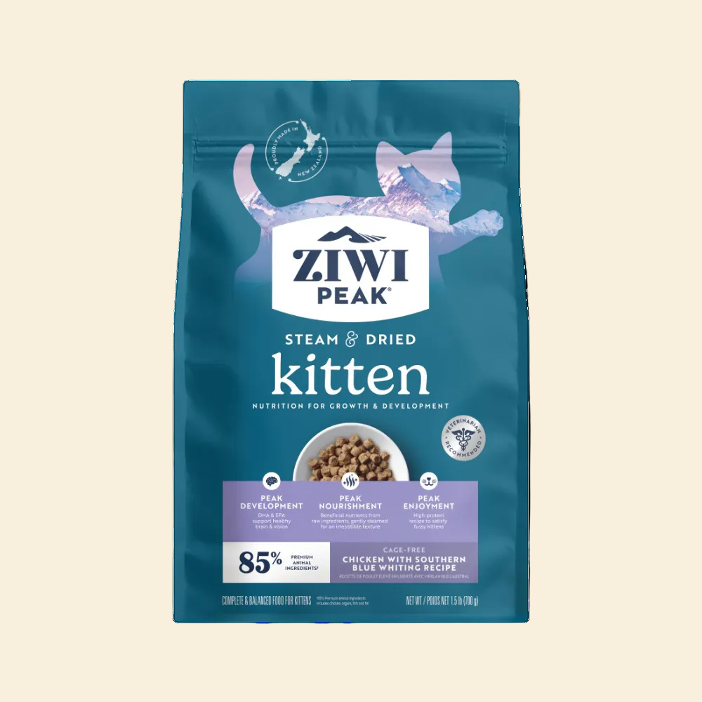 Front of ZIWI Peak Steam &amp; Dried Cage-Free Chicken with Southern Blue Whiting Recipe 700g complete and balanced food for growing kittens.