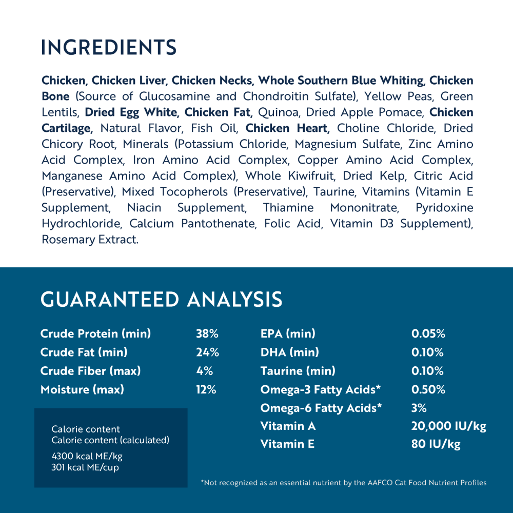ZIWI Peak Steam &amp; Dried Chicken with Southern Blue Whiting kitten food ingredient list and guaranteed analysis, including 38% protein and 24% fat.