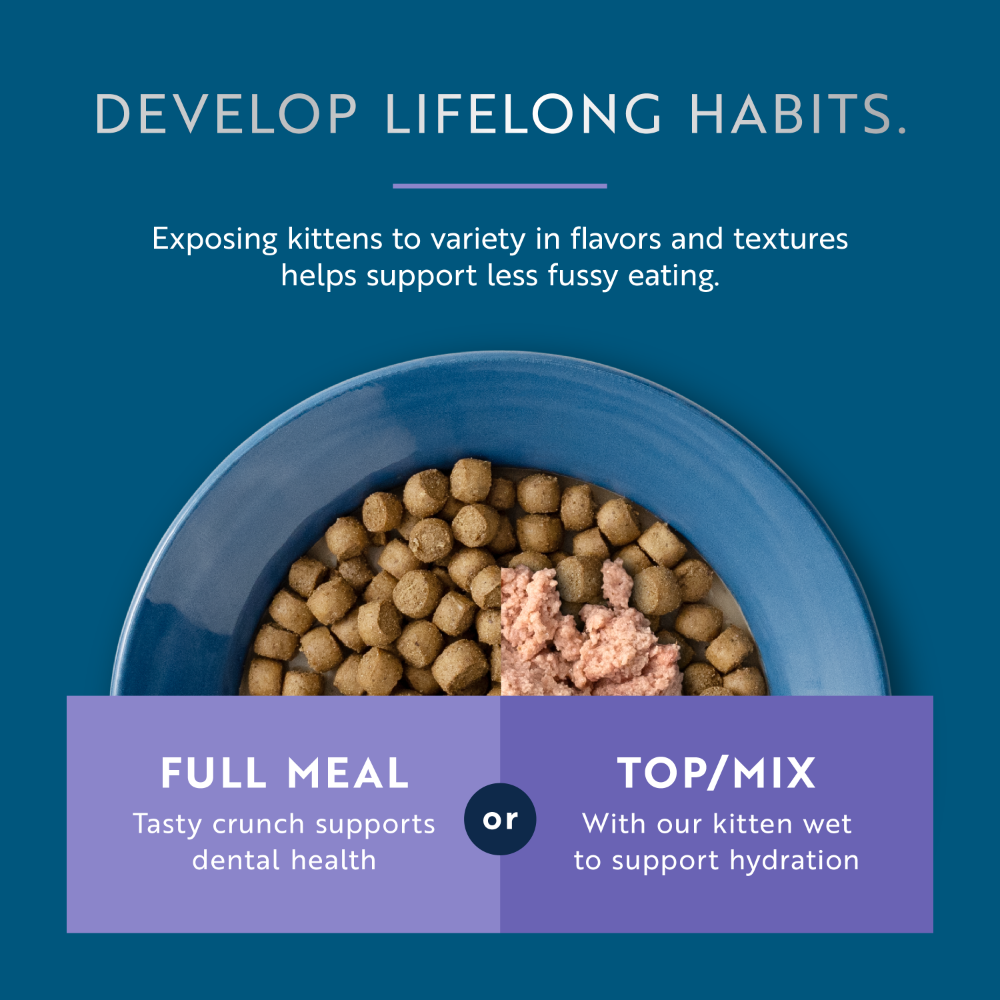 ZIWI Peak Steam &amp; Dried kitten food shown as a complete meal or mixed with wet food, with varied texture and dental health messaging.