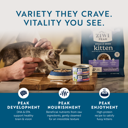 Kitten eating ZIWI Peak Steam &amp; Dried food with the 700g bag and wet kitten food cans, illustrating complete meal and mixed-feeding options.