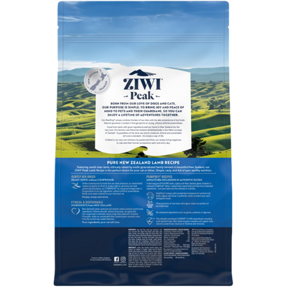 Back of ZIWI Peak Lamb air-dried cat food 1kg bag showing product information