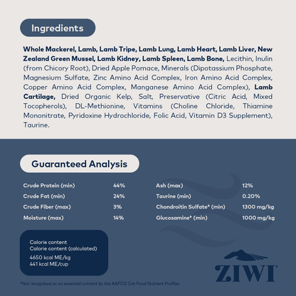 Ingredients and guaranteed analysis for ZIWI Peak Mackerel and Lamb air-dried cat food