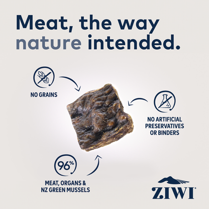 Close-up of ZIWI Peak air-dried cat food showing 96 percent meat seafood organs and green mussels