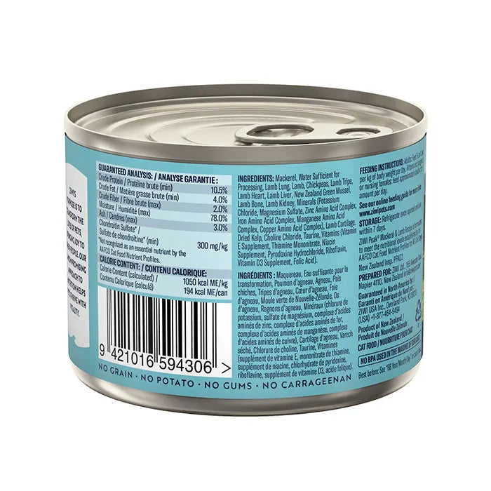 Nutritional information and guaranteed analysis on the back of the ZIWI Peak Mackerel and Lamb 185g wet cat food can, highlighting 78% moisture and Z-BOOST superfoods.
