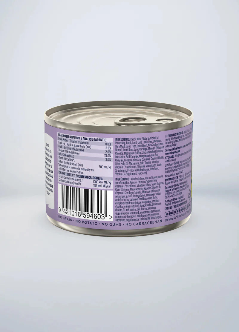 Back of the 185g ZIWI Peak Rabbit and Lamb wet cat food can, displaying feeding instructions, full nutritional facts, and confirming no potato or gums are used.