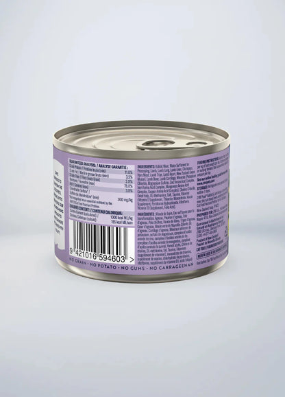 Back of the 185g ZIWI Peak Rabbit and Lamb wet cat food can, displaying feeding instructions, full nutritional facts, and confirming no potato or gums are used.