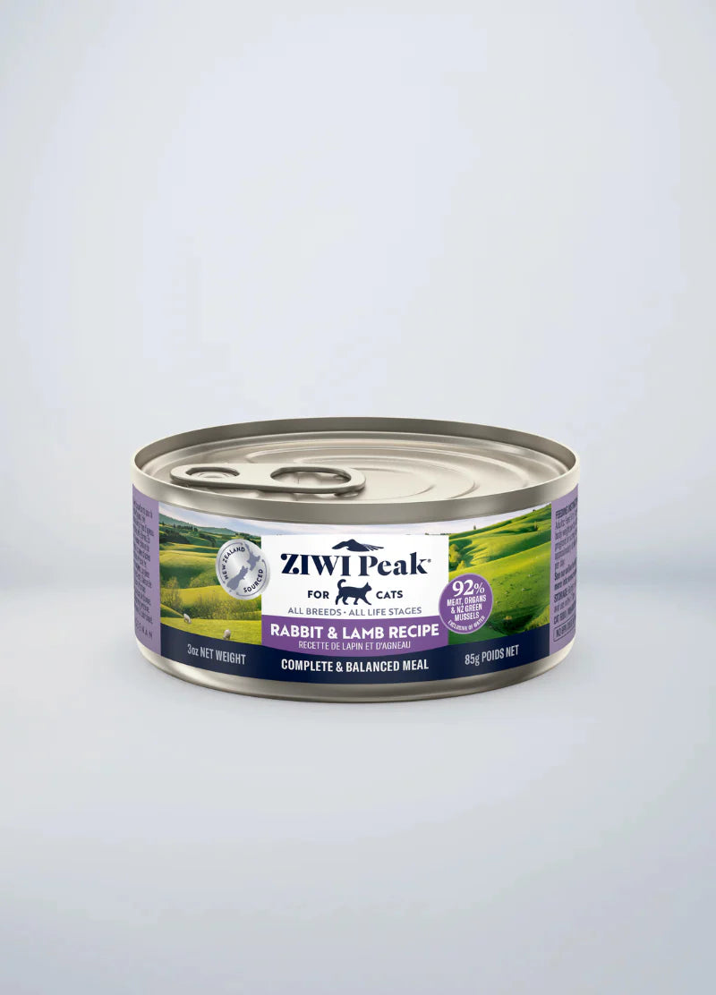 Front view of the 85g ZIWI Peak Rabbit and Lamb Recipe wet cat food can, showcasing a complete and balanced meal made with 92% meat, organs, and New Zealand Green Mussels.