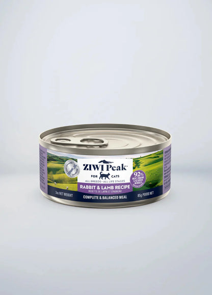 Front view of the 85g ZIWI Peak Rabbit and Lamb Recipe wet cat food can, showcasing a complete and balanced meal made with 92% meat, organs, and New Zealand Green Mussels.