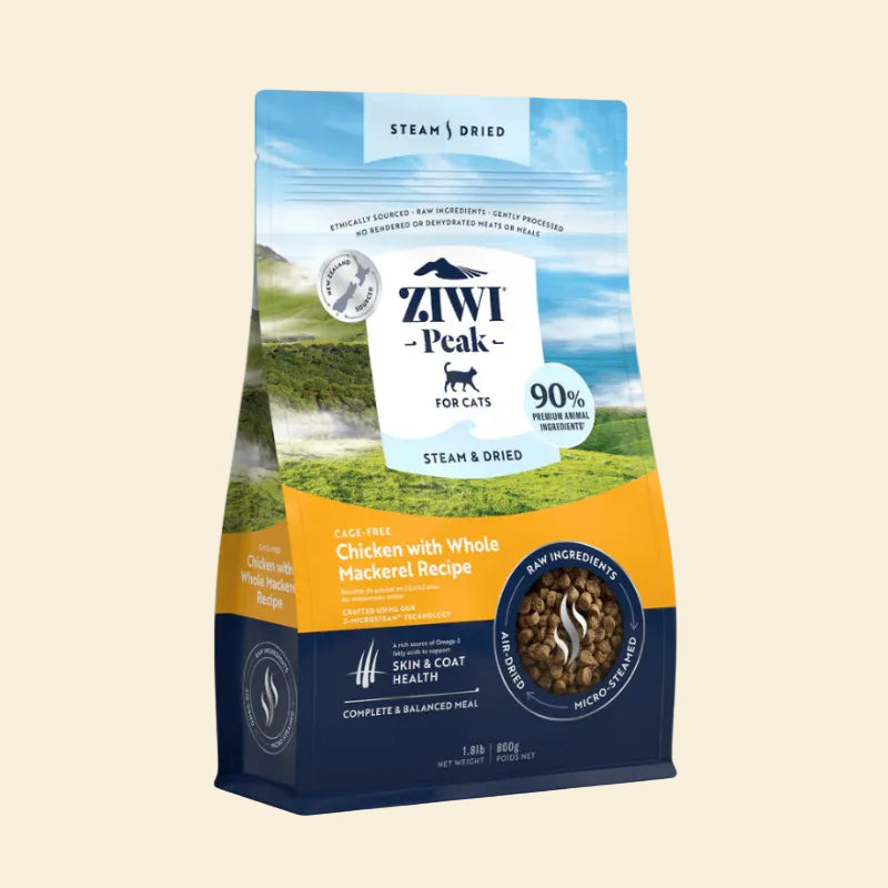Front view of the 800g ZIWI Peak Steam &amp; Dried Chicken with Whole Mackerel Recipe bag. The packaging highlights 90% premium raw animal ingredients and a deliciously crunchy texture crafted using Z-MicroSteam technology.
