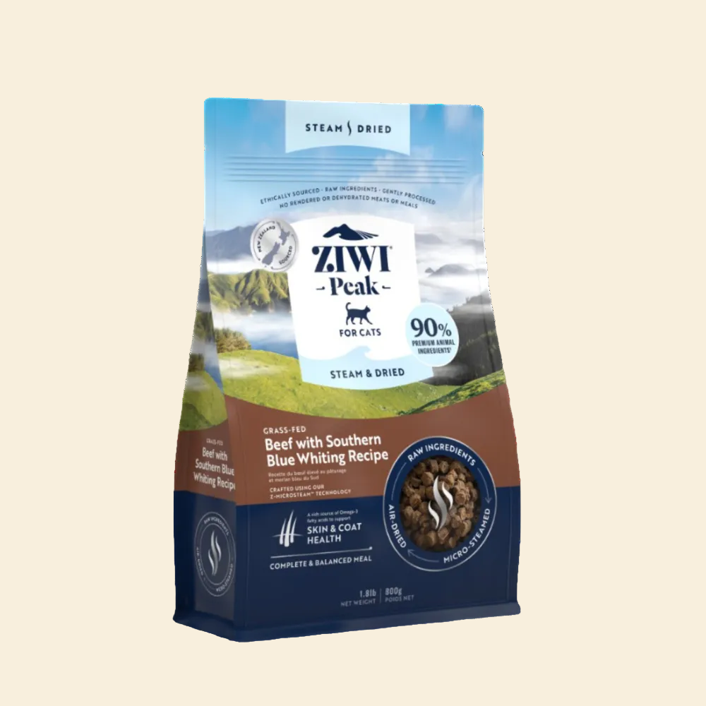 Front bag of ZIWI Peak Steam &amp; Dried Beef with Southern Blue Whiting complete cat food made with 90% premium animal ingredients
