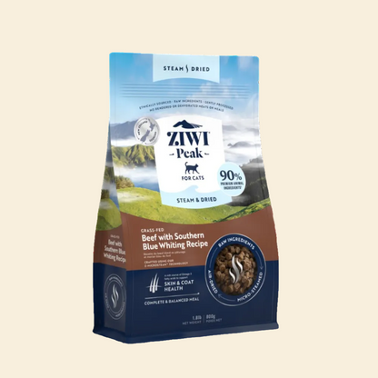 Front bag of ZIWI Peak Steam &amp; Dried Beef with Southern Blue Whiting complete cat food made with 90% premium animal ingredients