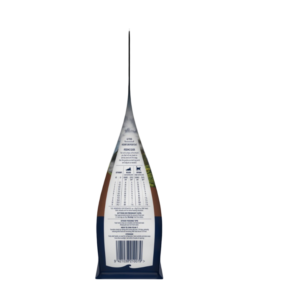 Side of ZIWI Peak Steam &amp; Dried Beef with Southern Blue Whiting 800g bag showing the weight-based cat feeding guide