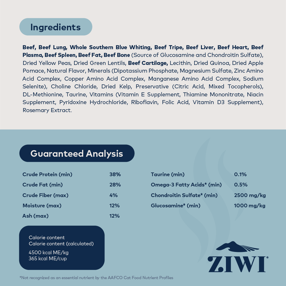 Ingredients and guaranteed analysis for ZIWI Peak Steam &amp; Dried Beef with Southern Blue Whiting cat food, including 38% protein and 28% fat