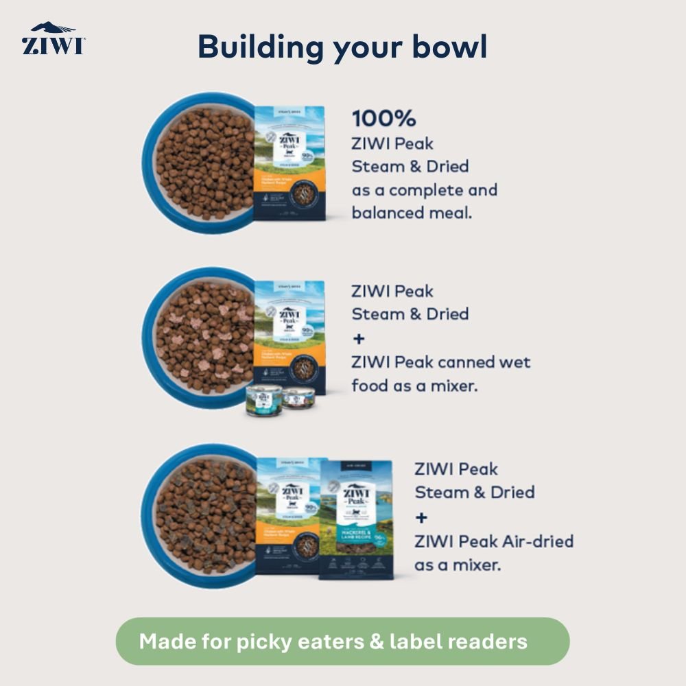 ZIWI Peak Steam &amp; Dried cat food served alone as a complete meal or combined with ZIWI canned wet food or air-dried food as a mixer