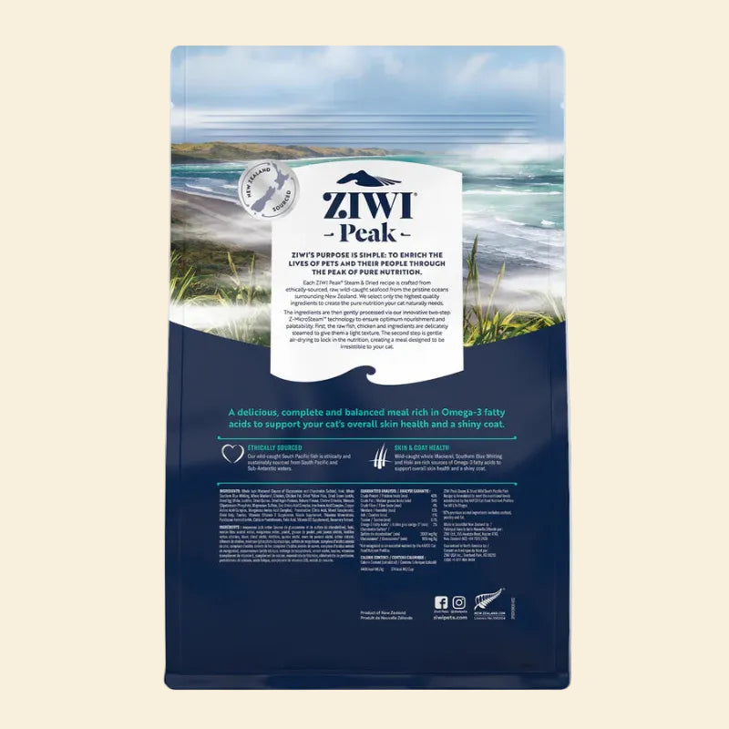 ZIWI Peak Steam &amp; Dried Cat Food, South Pacific Fish Recipe, back of packaging showing ingredients and feeding guide
