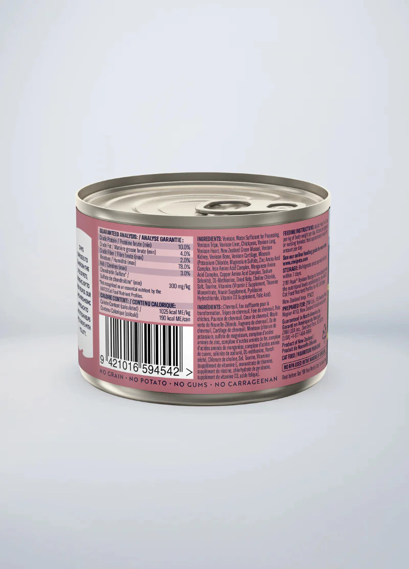 Back of the 185g ZIWI Peak Venison wet cat food can, showing the complete nutritional profile and feeding instructions. The bottom rim clearly states the absence of unwanted carbohydrates and artificial binders.