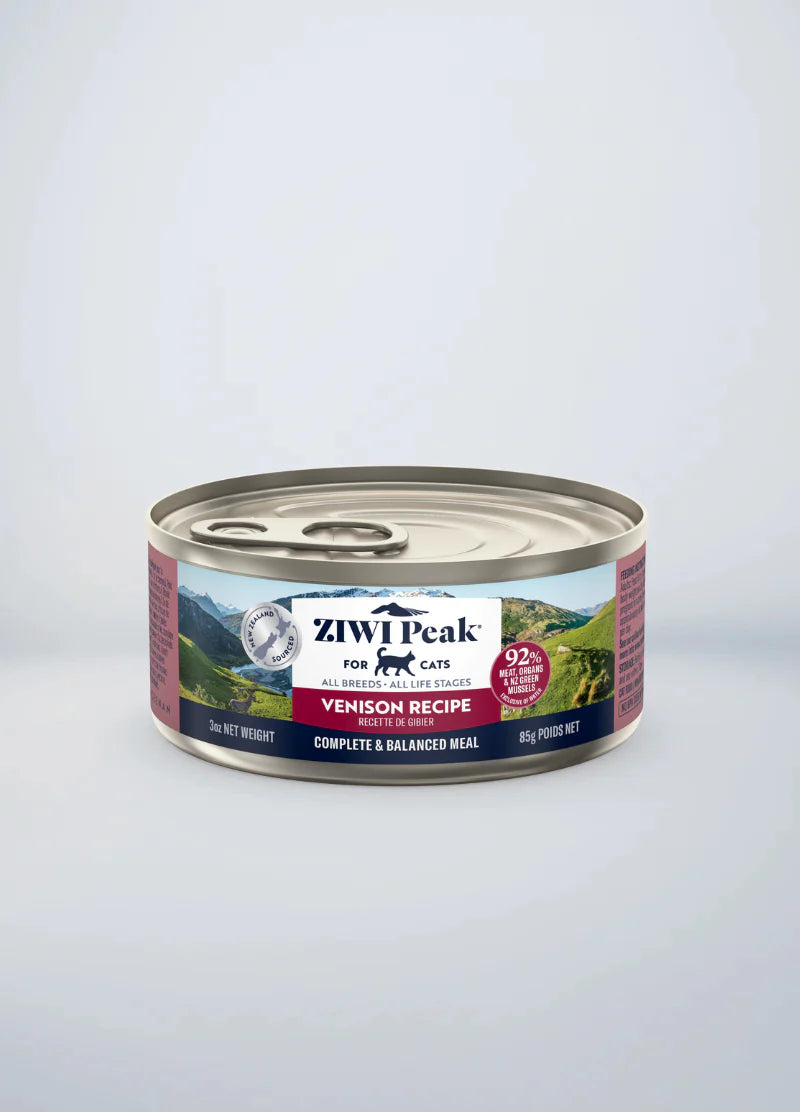 Front view of the 85g ZIWI Peak Venison Recipe wet cat food can. The packaging emphasizes it is a complete and balanced meal made with 92% meat, organs, and New Zealand Green Mussels.