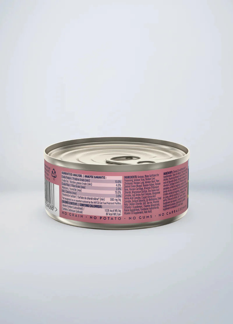 Back of the 85g ZIWI Peak Venison Recipe wet cat food can, displaying the ingredients list and guaranteed analysis. The label highlights that the product contains no grain, no potato, no gums, and no carrageenan.
