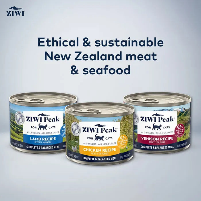 Three cans of ZIWI Peak wet cat food showcasing Lamb, Chicken, and Venison recipes, made with ethical and sustainable New Zealand meat and seafood.