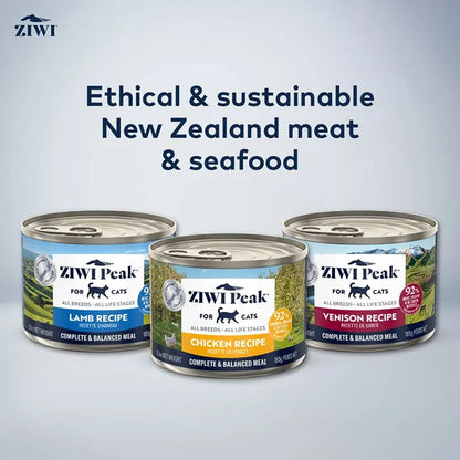 Three cans of ZIWI Peak wet cat food showcasing Lamb, Chicken, and Venison recipes, made with ethical and sustainable New Zealand meat and seafood.