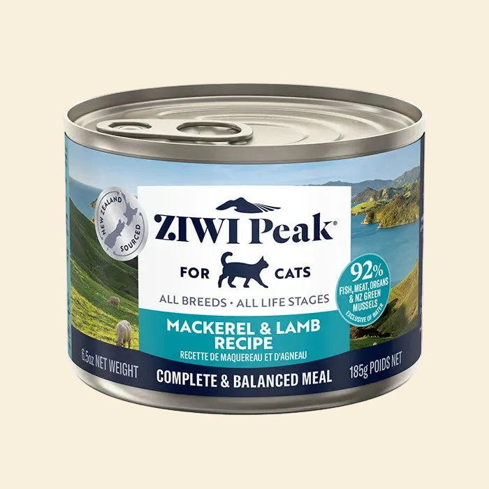 Front of the larger 185g can of ZIWI Peak Mackerel and Lamb wet cat food, ideal for multi-cat households or rotational feeding routines.