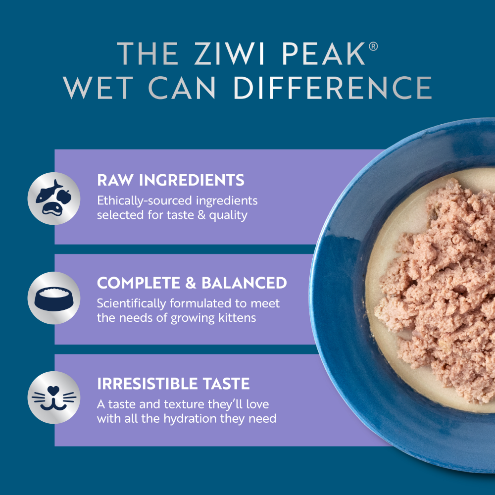 ZIWI Peak wet kitten food benefits including ethically sourced raw ingredients, complete nutrition, hydration and a soft kitten-friendly texture