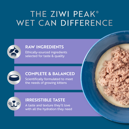 ZIWI Peak wet kitten food benefits including ethically sourced raw ingredients, complete nutrition, hydration and a soft kitten-friendly texture